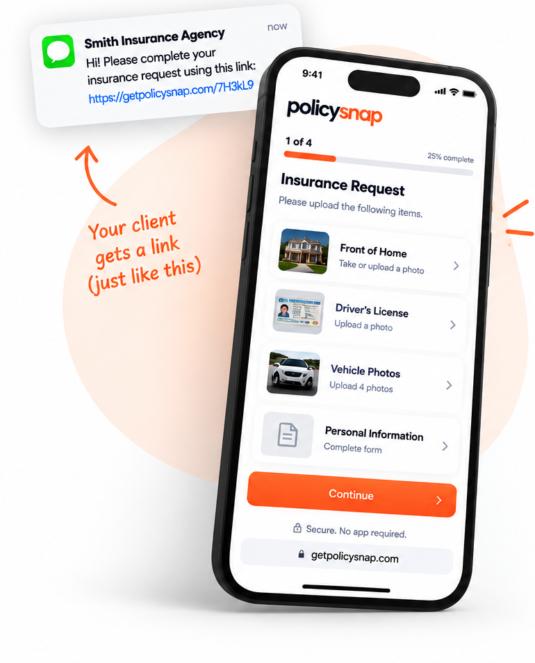 Phone showing a PolicySnap client checklist with a text message link from Smith Insurance Agency