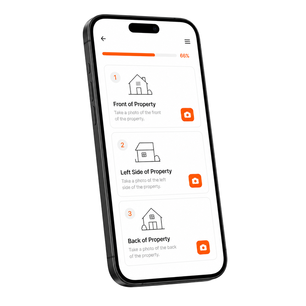 Phone showing a PolicySnap client checklist with photo upload cards